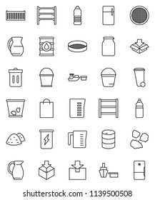 thin line vector icon set - bucket vector, trash bin, garbage pile, measuring cup, jug, sieve, jar, enegry drink, water bottle, sea container, port, package, oil barrel, shelving, shopping bag