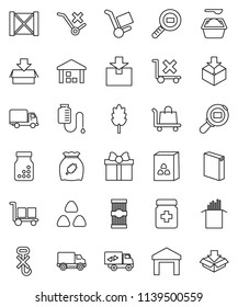 thin line vector icon set - washing powder vector, cereal, pasta, delivery, wood box, cargo, no trolley, hook, warehouse, package, search, pills bottle, drop counter, relocation truck, gift