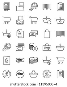 thin line vector icon set - dollar coin vector, cart, credit card, stack, receipt, estate document, search, new, shopping bag, buy, barcode, reader, basket, list