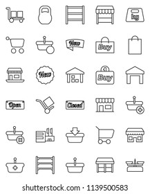 thin line vector icon set - office vector, cargo, warehouse, weight, shelving, new, open, closed, shopping bag, market, store, mall, buy, basket, cart, scales