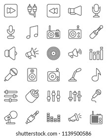 thin line vector icon set - music vector, disk, microphone, radio, speaker, loudspeaker, settings, equalizer, forward button, backward, rca, jack