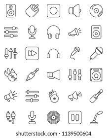 thin line vector icon set - disk vector, music hit, microphone, speaker, loudspeaker, settings, headphones, pause button, forward, rec, rca, jack, equalizer