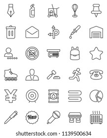 thin line vector icon set - cleaner trolley vector, towel, trash bin, cleaning agent, pen, backpack, pie graph, auction, target, yen sign, punching bag, roller Skates, no fastfood, run, route, mail
