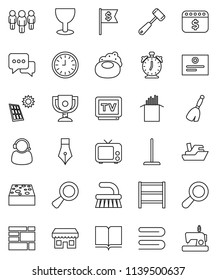 thin line vector icon set - soap vector, broom, fetlock, mop, sponge, towel, meat hammer, pasta, book, pen, alarm clock, award cup, certificate, man, dollar flag, calendar, ship, consolidated cargo