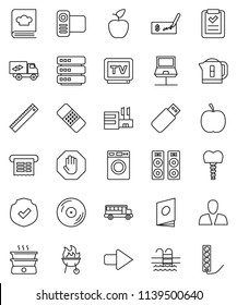 thin line vector icon set - washer vector, cookbook, bbq, ruler, apple fruit, school bus, check, diet, pool, protected, disk, tv, video camera, patch, tooth implant, notebook network, big data, stop