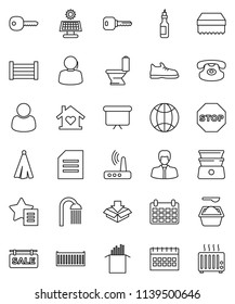 thin line vector icon set - sponge vector, toilet, washing powder, shower, towel, double boiler, pasta, oil, document, manager, presentation board, calendar, snickers, support, sea container, router