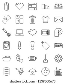 thin line vector icon set - scoop vector, trash bin, foam basin, shining window, toilet paper, skimmer, cutting board, pie graph, tie, dollar cursor, medal, consolidated cargo, no trolley, sorting