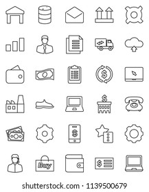 thin line vector icon set - notebook pc vector, exchange, wallet, cash, bank building, receipt, any currency, clipboard, snickers, money, phone, client, document, top sign, warehouse, sorting, mail
