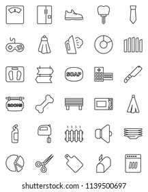 thin line vector icon set - soap vector, towel, steaming, cleaning agent, plates, knife, cutting board, mixer, microwave oven, pie graph, tie, scales, snickers, bone, speaker, gamepad, scissors