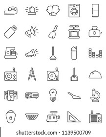 thin line vector icon set - plunger vector, broom, scoop, cleaning agent, colander, cook press, dish, corner ruler, drawing compass, measuring, boxing glove, radio, equalizer, microscope, server