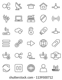 thin line vector icon set - notebook pc vector, world, dry cargo, satellite antenna, social media, link, pause button, connect, cloud shield, menu, usb modem, router, share, arrow, refresh, globe