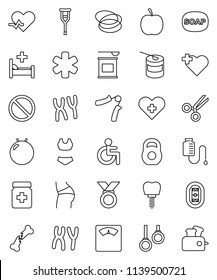 thin line vector icon set - soap vector, diet, scales, weight, hand trainer, fitball, buttocks, swimsuite, medal, sports nutrition, prohibition sign, heart cross, hoop, gymnast rings, stadium, pulse