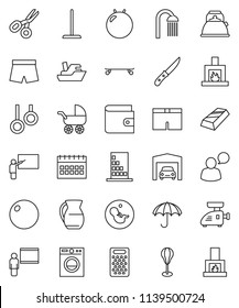 thin line vector icon set - mop vector, shower, kettle, knife, grater, jug, blackboard, scissors, gold ingot, wallet, calendar, punching bag, fitball, shorts, skateboard, gymnast rings, ship, garage