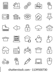 thin line vector icon set - notebook pc vector, abacus, piggy bank, calculator, roller Skates, dry cargo, radio, gamepad, touchscreen, thumbtack, syringe, cloud network, home, arrow, chain, cottage