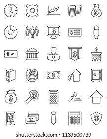 thin line vector icon set - bank vector, graph, pie, money bag, manager, dollar growth, coin stack, auction, building, calculator, receipt, search, clock, man, binder, arrow up, flag, tie, safe