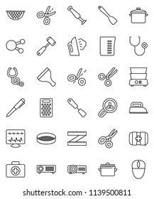 thin line vector icon set - scraper vector, steaming, pan, colander, measuring cup, spatula, meat hammer, grater, double boiler, sieve, pen, scissors, first aid kit, social media, stethoscope, iron