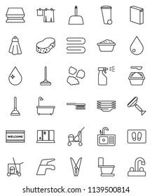 thin line vector icon set - plunger vector, scraper, cleaner trolley, water tap, fetlock, mop, scoop, clothespin, sponge, towel, trash bin, drop, welcome mat, bath, toilet, drying clothes, sprayer