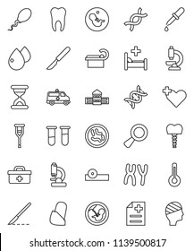 thin line vector icon set - school building vector, doctor bag, heart cross, thermometer, vial, dna, magnifier, pregnancy, dropper, crutches, scalpel, sand clock, eye hat, microscope, microbs, sperm