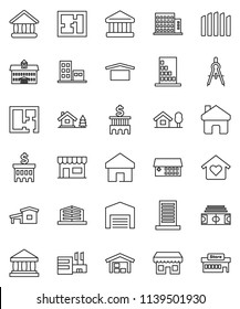 thin line vector icon set - university vector, drawing compass, bank, building, stadium, dry cargo, hospital, home, cottage, chalet, barn, fence, plan, apartments, office, love, store, mall