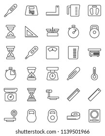thin line vector icon set - measuring cup vector, scales, corner ruler, sand clock, stopwatch, weight, big, thermometer, store, kitchen