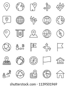 thin line vector icon set - compass vector, world, flag, dollar, route, navigator, earth, map pin, traking, internet, connection, globe, arrow, home