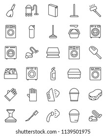 thin line vector icon set - broom vector, vacuum cleaner, mop, bucket, sponge, car fetlock, steaming, washer, washing powder, cleaning agent, rubber glove