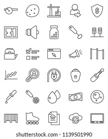 thin line vector icon set - kettle vector, whisk, skimmer, potato, exam, graph, cash, dollar shield, horizontal bar, roller Skates, speaker, jack, dropper, pills bottle, eye doctor hat, blood drop