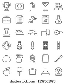 thin line vector icon set - vacuum cleaner vector, clothespin, car fetlock, welcome mat, iron, liquid soap, cutting board, bbq, pasta, case, award cup, world, flask, tie, diet, fitness, document