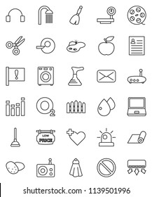 thin line vector icon set - plunger vector, broom, towel, shower, potato, scissors, personal information, diet, fitness mat, prohibition sign, oxygen, attention, big scales, film spool, radio, mail