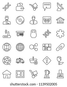 thin line vector icon set - client vector, consolidated cargo, tulip, weight, satellite antenna, film spool, disk, ambulance star, dna, amkbulance car, doctor, router, share, home, message, globe