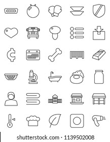 thin line vector icon set - soap vector, towel, bath, colander, cook hat, thermometer, plates, jar, mushroom, school building, microscope, bus, leaf, gold ingot, cent sign, fitball, boxing glove