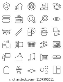 thin line vector icon set - washing powder vector, toilet paper, knife, bbq, jar, blackboard, student, music, laptop graph, dollar growth, stairways run, hoop, oxygen, phone, video camera, eye, menu