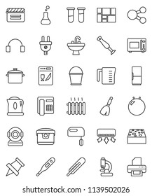 thin line vector icon set - broom vector, bucket, sponge, sink, pan, measuring cup, microwave oven, paper pin, fitball, consolidated cargo, cinema clap, headphones, thermometer, flask, vial, share