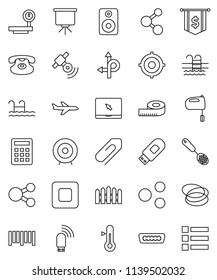 thin line vector icon set - skimmer vector, mixer, thermometer, presentation, target, dollar flag, measuring, molecule, pool, hoop, route, plane, big scales, barcode, satellitie, notebook pc, hdmi