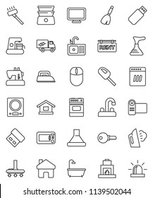 thin line vector icon set - plunger vector, broom, vacuum cleaner, steaming, sink, water tap, oven, double boiler, home, rent signboard, bath, relocation truck, password, iron, dishwasher, hood, usb