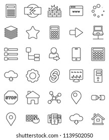 thin line vector icon set - calculator vector, map pin, mobile phone, favorites, diagnostic monitor, network, notebook, big data, server, browser, gear, menu, firewall, home, arrow, cloud upload