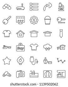 thin line vector icon set - bucket vector, steaming, microscope, constellation, tie, scales, medal, port, dry cargo, camera, pills, diagnostic monitor, drop counter, cloud exchange, router, house