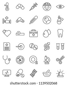 thin line vector icon set - thermometer vector, pills, heart cross, oxygen, doctor bag, vial, eye, gender sign, pregnancy, insemination, syringe, crutches, scissors, stethoscope, mortar, hat, potion