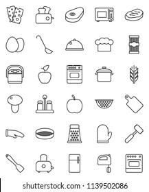 thin line vector icon set - pan vector, colander, cook hat, glove, spatula, ladle, meat hammer, cutting board, grater, mixer, toaster, microwave oven, spices, sieve, dish, egg, pasta, mushroom, diet