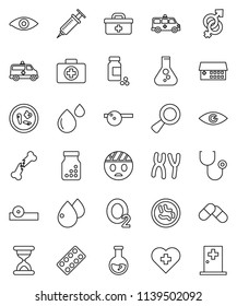 thin line vector icon set - flask vector, pills vial, heart cross, first aid kit, oxygen, doctor bag, eye, gender sign, magnifier, syringe, broken bone, sand clock, stethoscope, bottle, blister, hat