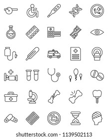 thin line vector icon set - doctor bag vector, disabled, thermometer, flask, vial, eye, dna, crutches, broken bone, sand clock, stethoscope, pills, blister, hat, microscope, microbs, anamnesis