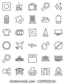 thin line vector icon set - cleaner trolley vector, shining, splotch, plates, towel, school building, bus, any currency, scales, t shirt, hoop, plane, ship, truck trailer, tv, battery, rec button