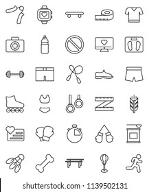 thin line vector icon set - barbell vector, measuring, scales, stopwatch, jump rope, hand trainer, horizontal bar, punching bag, snickers, boxing glove, shorts, swimsuite, t shirt, roller Skates