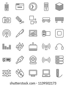 thin line vector icon set - pen vector, laptop graph, clock, music hit, antenna, equalizer, remote control, headphones, stop button, hdmi, big data, browser, lan connector, bench, loading, wireless