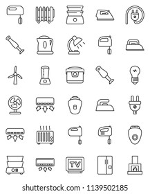 thin line vector icon set - iron vector, mixer, double boiler, blender, table lamp, tv, windmill, air conditioner, fridge, power plug, multi cooker, epilator, fan, kettle, heater, bulb, fireplace