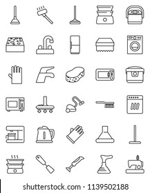 thin line vector icon set - plunger vector, water tap, vacuum cleaner, fetlock, mop, sponge, rubber glove, kettle, spatula, microwave oven, double boiler, fridge, washer, dishwasher, coffee maker