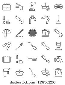thin line vector icon set - plunger vector, fetlock, water tap, car, toilet brush, kettle, cook press, whisk, spatula, ladle, grater, sieve, case, hand trainer, umbrella, scalpel, supply, basket