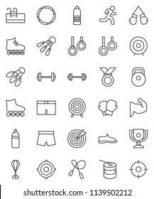 thin line vector icon set - award cup vector, target, barbell, weight, jump rope, punching bag, muscule hand, snickers, boxing glove, shorts, roller Skates, medal, sports nutrition, water bottle