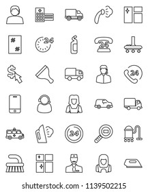 thin line vector icon set - scraper vector, vacuum cleaner, fetlock, window cleaning, steaming, agent, shining, woman, dollar cursor, phone 24, support, delivery, car, cargo search, mobile, doctor