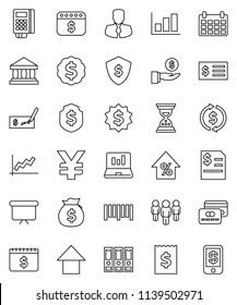 thin line vector icon set - bank vector, exchange, graph, laptop, percent growth, money bag, manager, investment, check, annual report, receipt, man, binder, sand clock, arrow up, presentation board